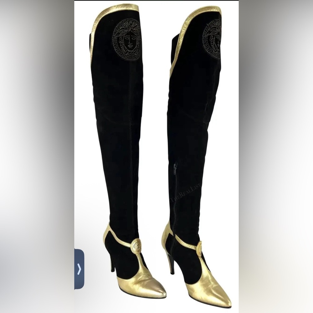 VINTAGE Versace Black and Gold Over the Knee Medusa Boots